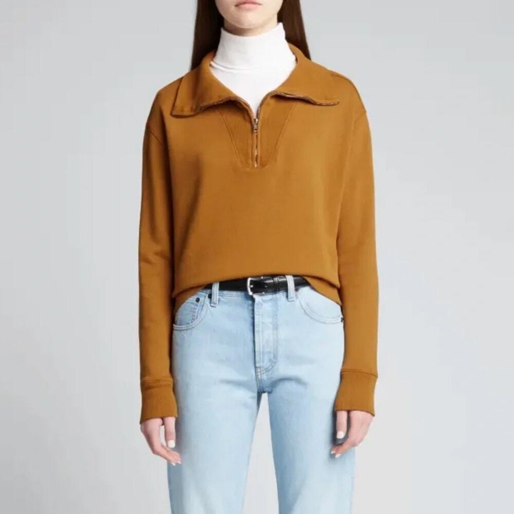 Nili Lotan Bentley Quarter Zip Burnt Ochre 100% Cotton Fleece SZ S